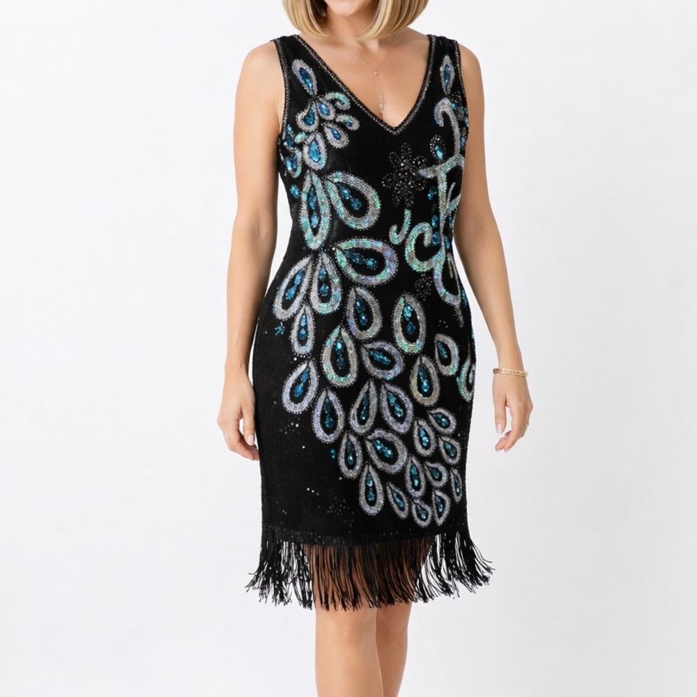 Vintage Black Beaded Fringe Cocktail Dress Flapper Sequin Sleeveless